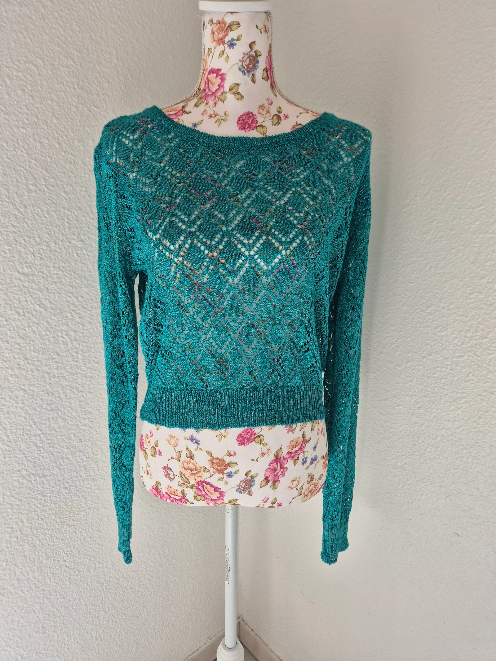 Molly Bracken Pull maille ajourée turquoise femme T38 M manches longues bohème chic léger